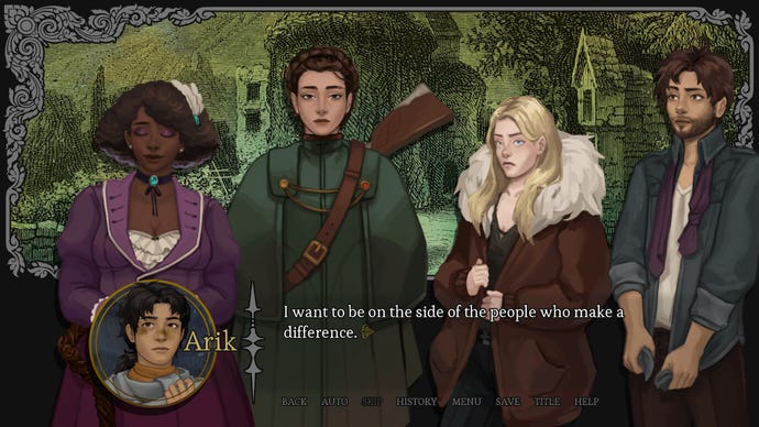Four characters from visual novel Amarantus discussing a revolutionary plot