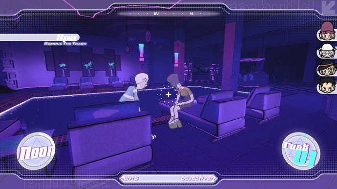 A bar location in Roman Sands RE:Build, with guests seated on purple sofas