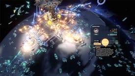 A screenshot of Dyson Sphere Program showing a planet full of factories being attacked by a Darkfog fleet, with energy bolts and explosions all over the place.