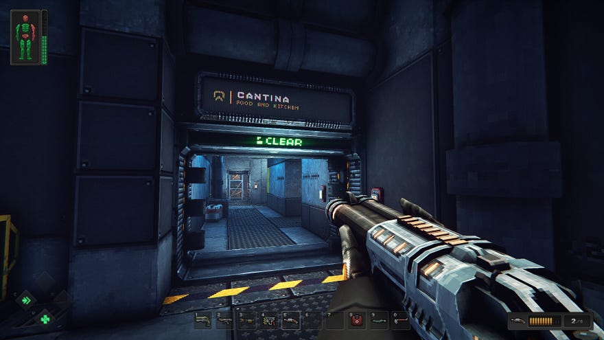 A screenshot of immersive sim Core Decay showing the player moving through a sci-fi cantina