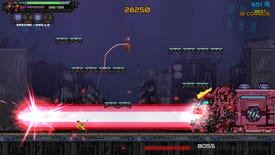 A screenshot of Ninja Issen, showing a robot boss shooting lasers out of its mouth while the player jumps between platforms above.