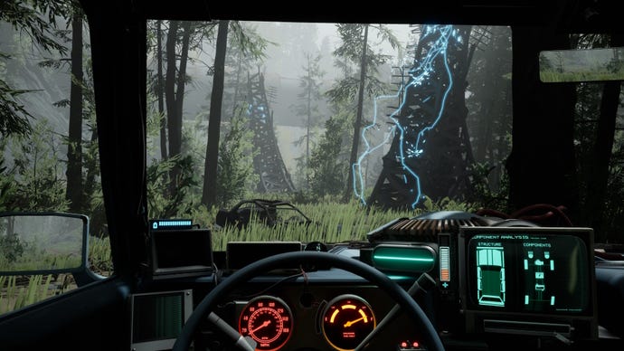 A view through a car window driving through woodland with a lightning bolt striking the earth ahead, from survival roguelike Pacific Drive.