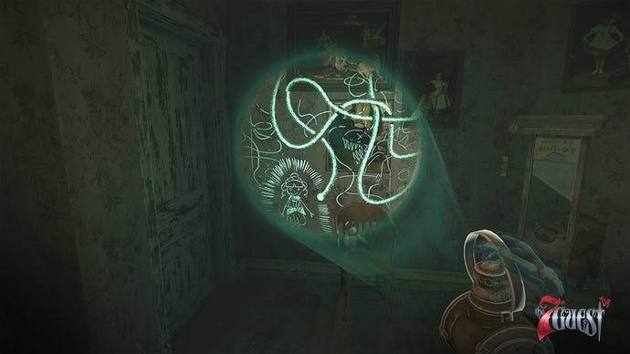 A lamp illuminates secret child squiggles on the wall in The 7th Guest VR