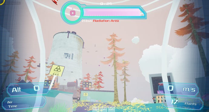 Ein Screenshot des pastellfarbenen Plattformspiels Forza Polpo, der eine schwimmende Insel mit Bäumen und Türmen zeigt.