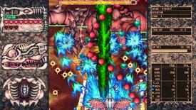A screenshot of body horror arcade shoot 'em up Angel At Dusk, showing an enormous number of fleshy enemies and colourful projectile attacks