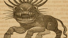 An etching by David Cambell from 1840 of a Biblical monster with a massive mouth full of teeth and four legs.