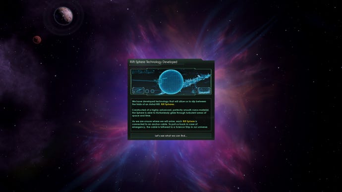 Ein Screenshot des Stellaris Astral Rift DLC, der eine neue Technologie zeigt, die zur Navigation durch einen Astralriss erforderlich ist