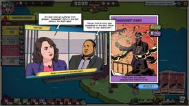A screenshot from the Fabulous Fear Machine, showing a story interlude in which characters debate whether certain medical symptoms are the result of demonic possession or epilepsy.