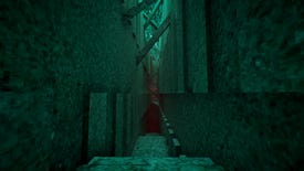 A greenish-black stone corridor with a stairway leading down and strange slanting structures above in first-person horror game Blessed Burden