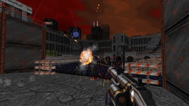 The new Cluster Shot gun in action in Ion Fury's Aftermath DLC - an enemy is vaporised with a dark city in the background.