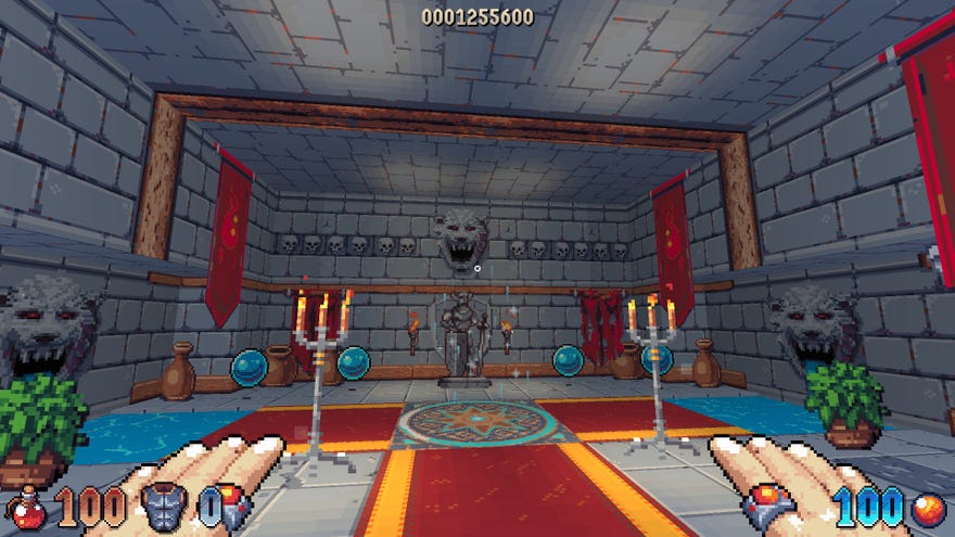 A castle interior in first-person spellcasting game Wizordum