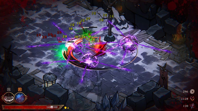 Ein Bildschirm aus „Realm of Ink“, auf dem der Charakter eine Reihe farbenfroher, energiebasierter Spezialbewegungen ausführt, die als Bögen und Lichtkugeln dargestellt werden