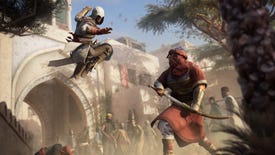 An image of Assassin's Creed: Mirage showing Basim, the title character leaping onto a guard.
