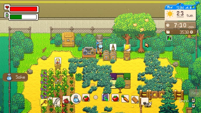 Ein Gartenbereich aus Sunkissed City, der den Spieler beim Pflanzen verschiedener Gemüsesorten zeigt