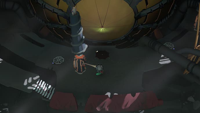 The insect player character tugging a device with mollusc feet around in Cocoon from Geometric Interactive.