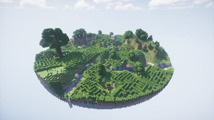 Ein Labyrinth, das mit MightyOnes Minecraft-Mod, dem Tangled Maze Generator, erstellt wurde – es sieht aus wie eine schwimmende grüne Insel