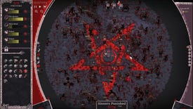 A screenshot of satirical hellish wave defence game Heretic's Fork, showing the player setting up defences around a portal to stop lost souls fleeing from hell.