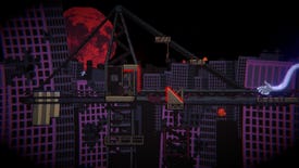 A nightmarish city skyscape with a red moon and shattered buildings and construction equipment