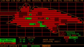 A screenshot from MS-DOS space sim Star Fleet 2: Krellan Commander's 2.0 release in 2023, showing a battle for control of a 2D spaceship coloured red and green.