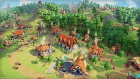 A screenshot of a lovely medieval village near a forest in Pioneers of Pagonia
