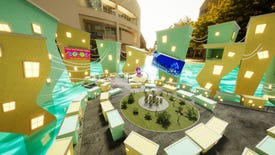 A screenshot of Orbo's Odyssey, showing the squishy humanoid main character being fired through the air above a surreal green and yellow city of block-shaped apartments.