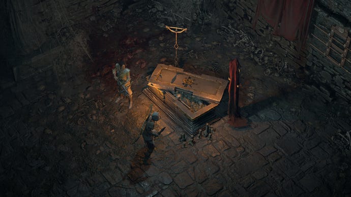 Diablo 4-Charaktere inspizieren einen Sarg in der Questreihe „Season of Blood“.