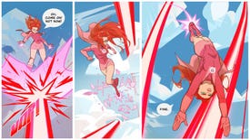 Atom Eve from the Invincible comics pulling backflips while flying in midair and dodging red laser blasts