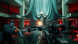 A screenshot of Dead Island 2's Haus DLC, showing a giant red and white chamber with statues.