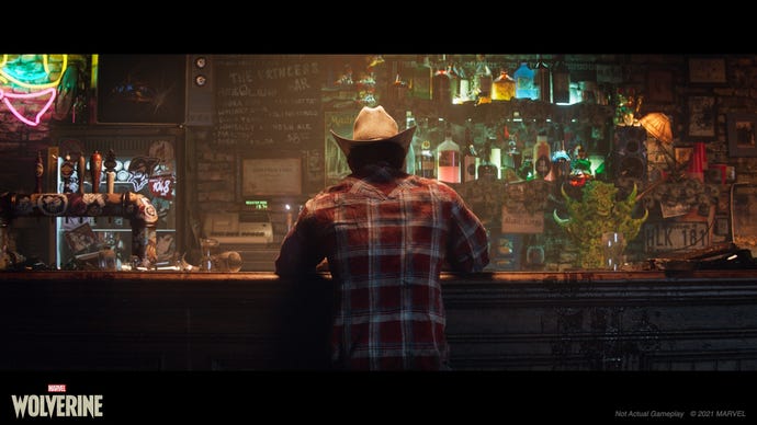 Ein Screenshot von Insomniacs Wolverine-Spiel, der die Titelfigur von hinten an einer Bar sitzt