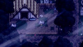 A nighttime scene in Harvest Island, showing the player character milking a cow while his sister watches from behind the fence.