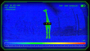 A giraffe viewed through a thermal monitor in horror game Zoochosis