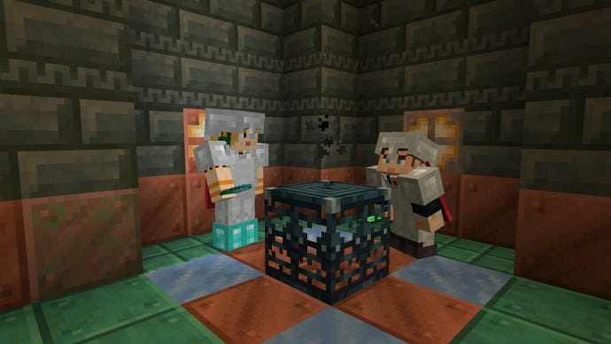 Two Minecraft players next to a Trial Spawner in a new Trial Chamber structure from Minecraft update 1.21