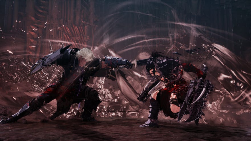 Two characters clashing in The First Berserker