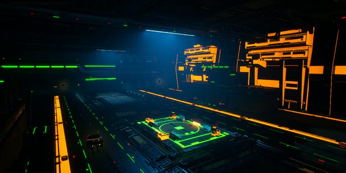 Une capture d'écran d'un bug dans Everspace 2, montrant une station spatiale avec un éclairage étrangement plat et des surfaces sombres