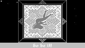 A screenshot of sokoban-style puzzle game Void Stranger, showing the silhouette of a woman lying against a labyrinthine pattern, with the words "So be it!" at the bottom.
