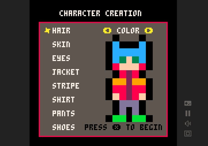 The character customisation screen from joeAmerica Gayms' PICO-8 shooter Starfield, not to be confused with the Bethesda game of the same name.