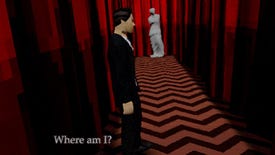 A screenshot of an unofficial Twin Peaks adaptation from Blue Rose Team, showing a red-carpeted hallway.