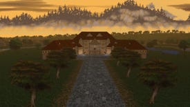 A stately home against misty mountains  in the Unity remaster of Elder Scrolls II: Daggerfall