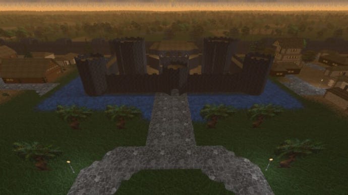 Eine Burg auf der anderen Seite eines Flusses im Unity-Remaster von Elder Scrolls II: Daggerfall