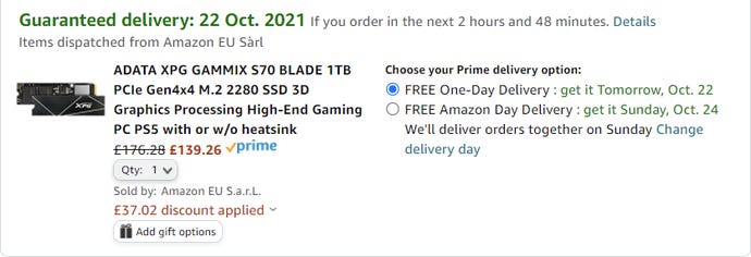 screenshot showing the final price of the xpg s70 blade at checkout: £139