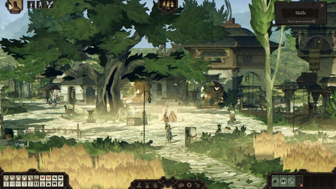 Book Of Travels - A player using a wave emote in the middle of the Crossings city