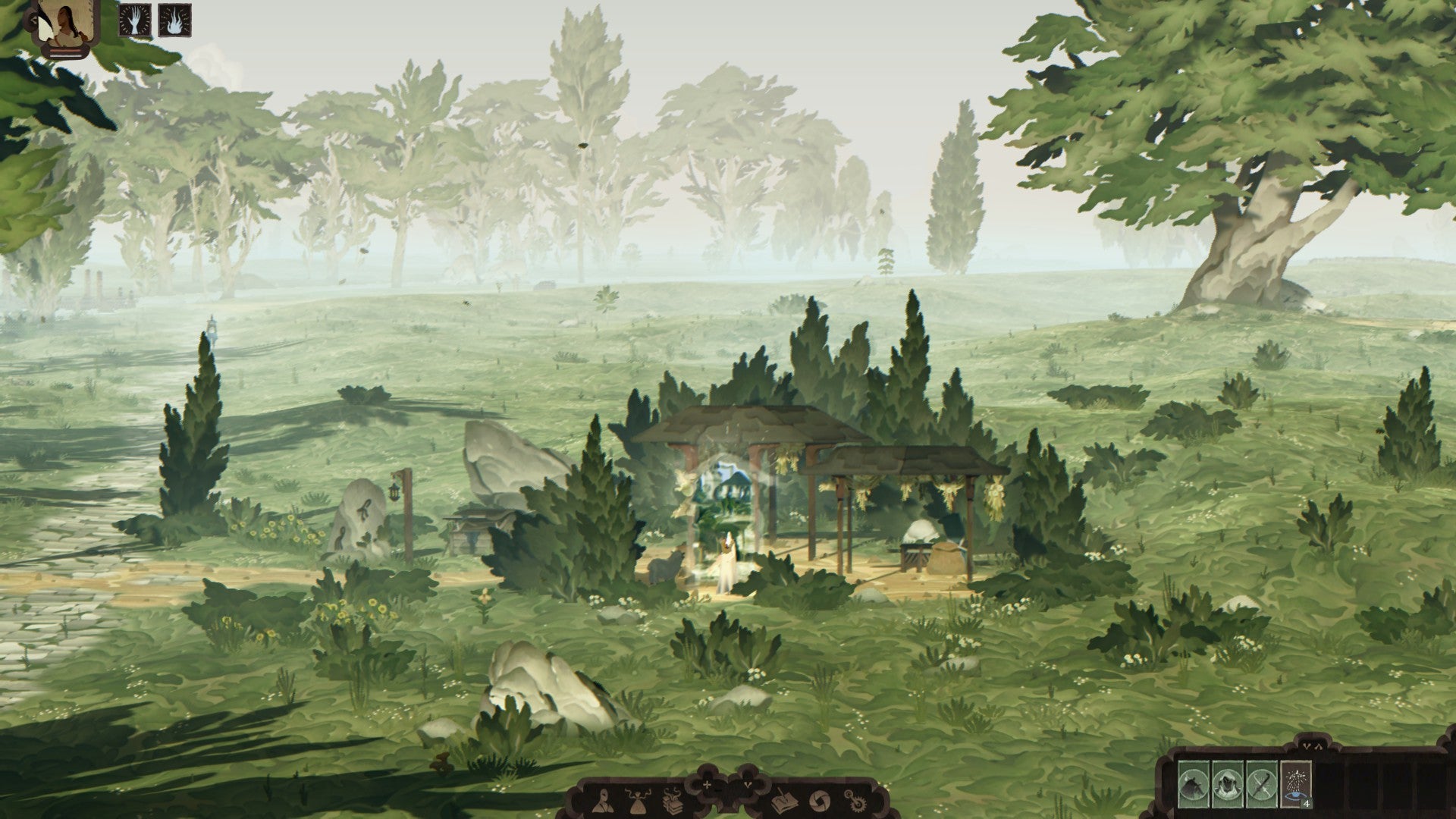 Book Of Travels - A player standing beneath a Nomad's Rest shelter about to walk through a magical portal