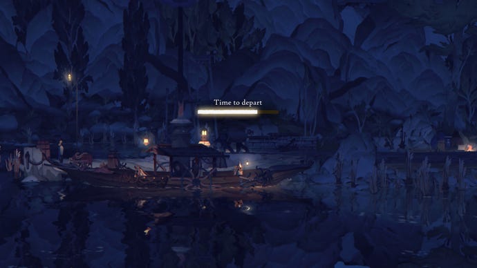 Book Of Travels - A player holding a lit lantern standing on a boat with a progress bar that reads "Time To Depart"