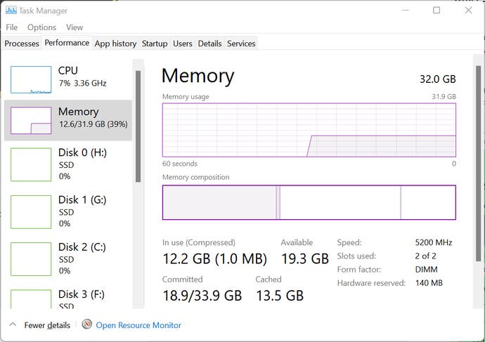 a screenshot of task manager, showing the current RAM speed