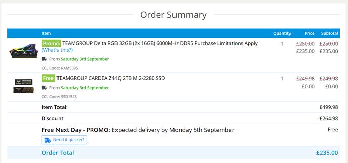 a screenshot showing RAM and SSD for £235