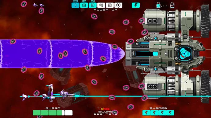 2022 best games Drainus - a giant grey boss ship on the right fires a purple-blue beam towards your ship against a crimson background and hail of projectiles