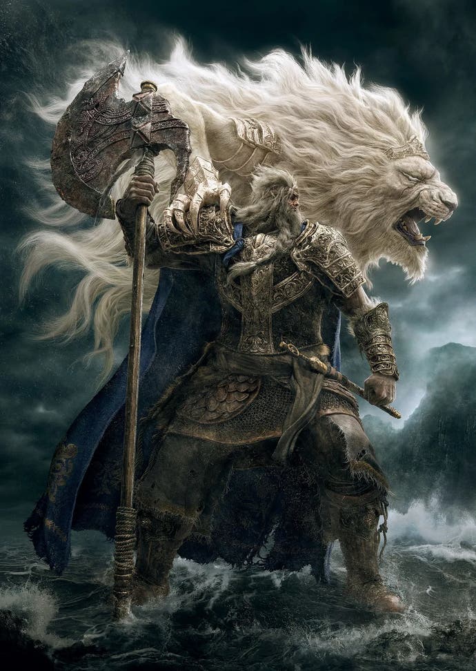 2022 best games Elden Ring - a portrait image of an imperious knight with battleaxe in front of a white lion creature with flowing mane