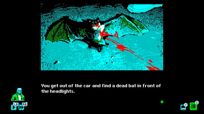 2022 Best Games Mothman 1966 - CGA style, featuring a bat in turquoise with a splatter of red blood, with descriptive text below telling you to get out of your car to find it
