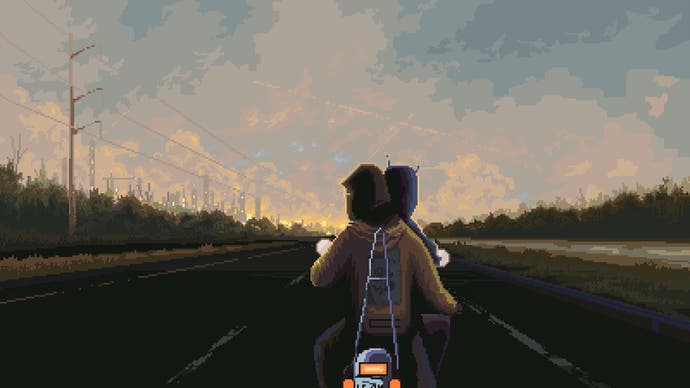 2022 best games Norco - in murky pixel art, two characters ride away towards dusk on an empty highway, against a blue-brown sky and distant background of chemical plant lights