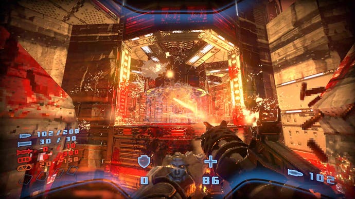 2022 best games Prodeus - an orange and red hued room, firing a mini gun and DOOM-like enemies